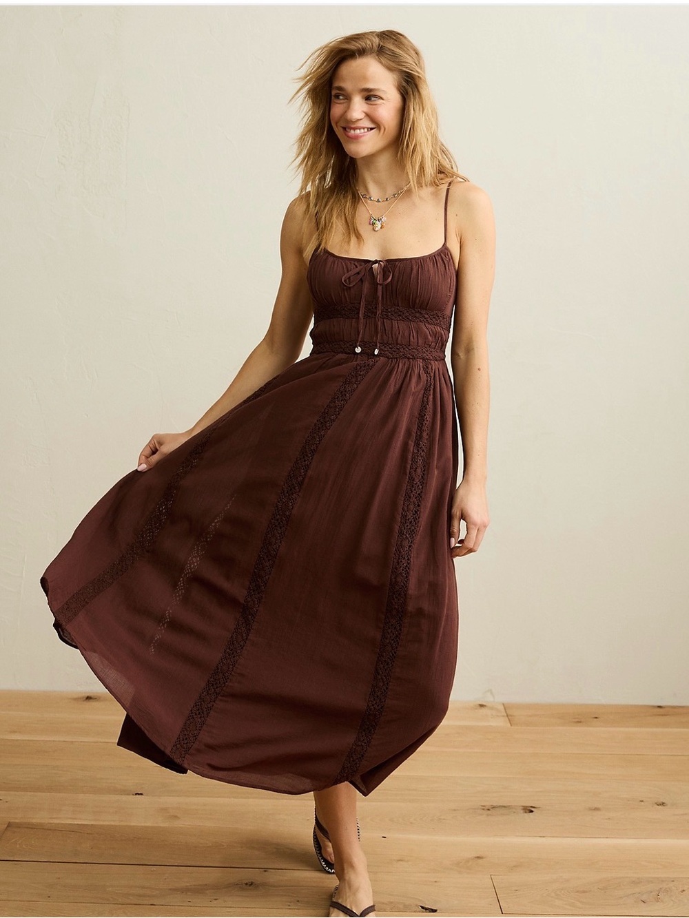 Brown Sleeveless Midi Dress with Smocked Bodice